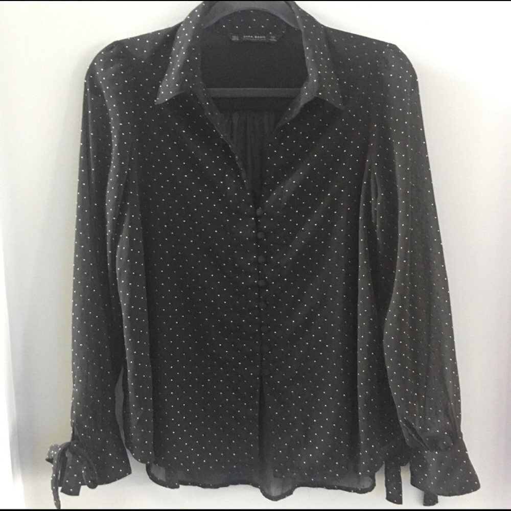 NWOT Zara Button Down Bow Sleeves Gold Stud Blouse M